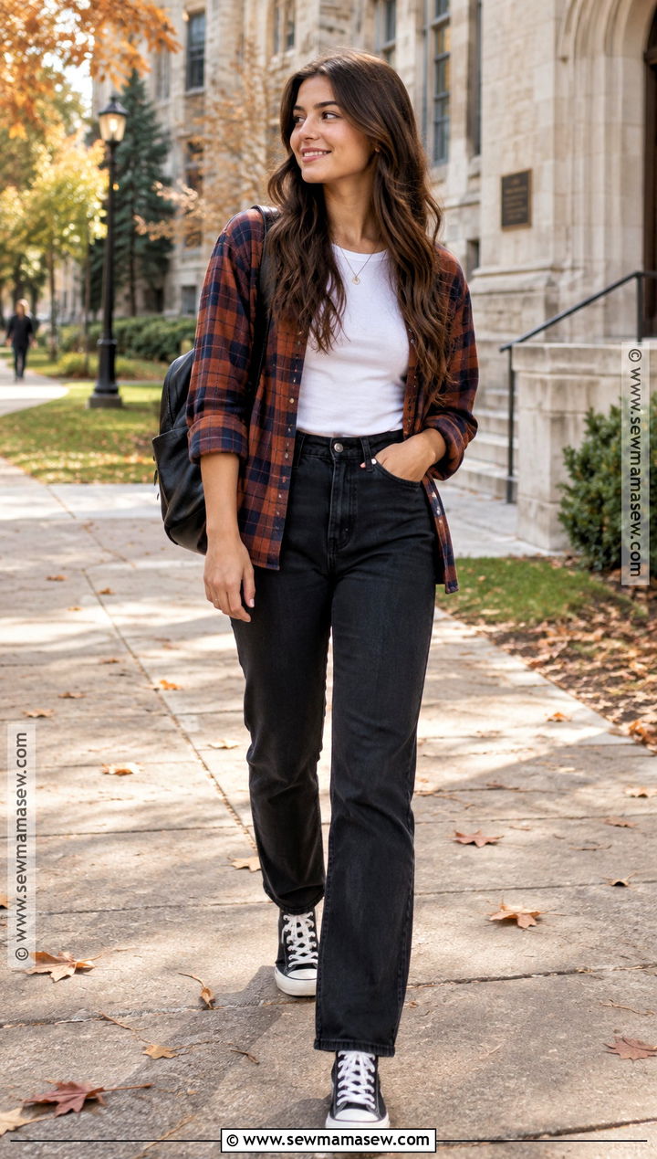 Plaid Shirt And Black Jeans College Outfit - 15 casual fall college outfits