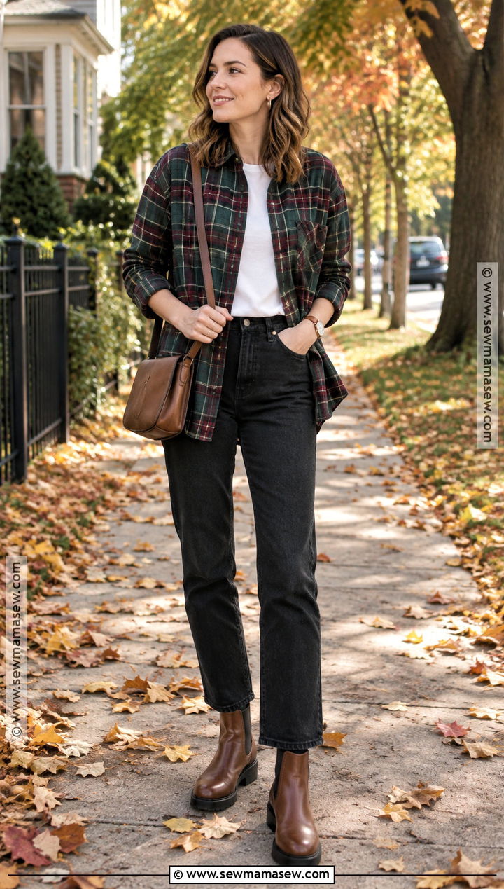 Plaid Shirt And Black Jeans Fall Outfit - 20 Cool Mom Outfits Fall