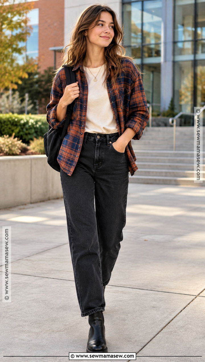 Plaid Shirt And Black Jeans Fall School Outfit - 30 fall outfits for school