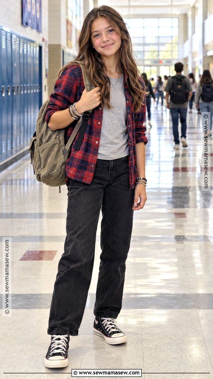 Plaid Shirt And Black Jeans For 7th Grade - 20 Cute Back To School Outfits 7Th Grade