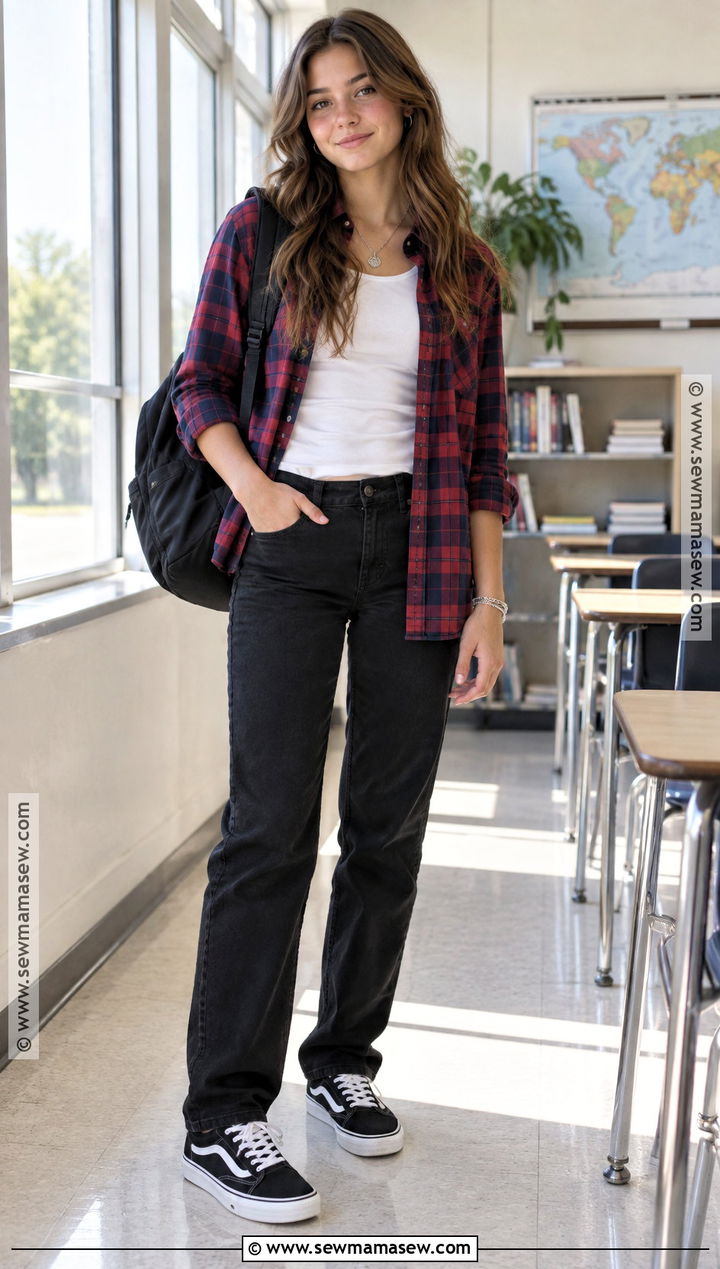 Plaid Shirt And Black Jeans School Outfit - 20 Back To School Outfits Fly for Girls