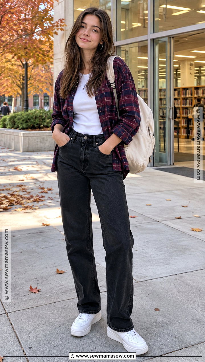 Plaid Shirt And Black Jeans School Outfit - 25 fall outfit ideas for school