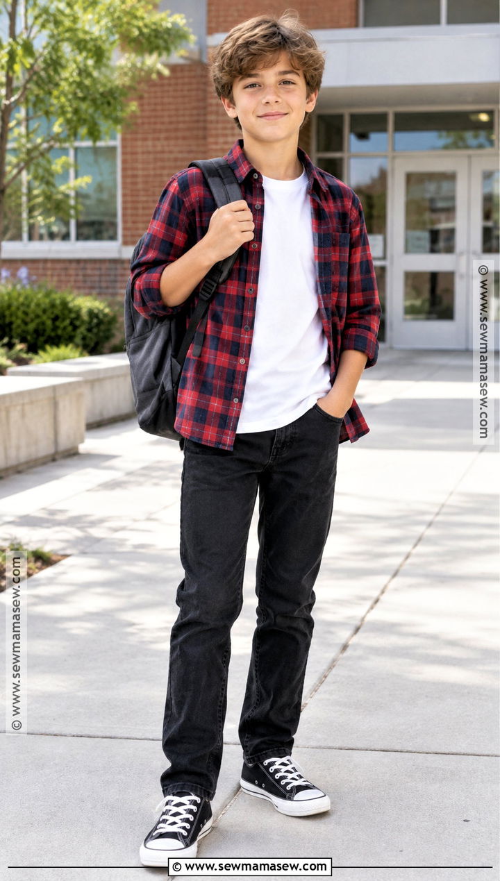 Plaid Shirt And Black Jeans School Outfit - 20 back to school boy outfits