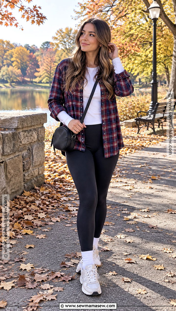 Plaid Shirt And Black Leggings Fall Outfit - 20 Comfy Cute Outfits Fall