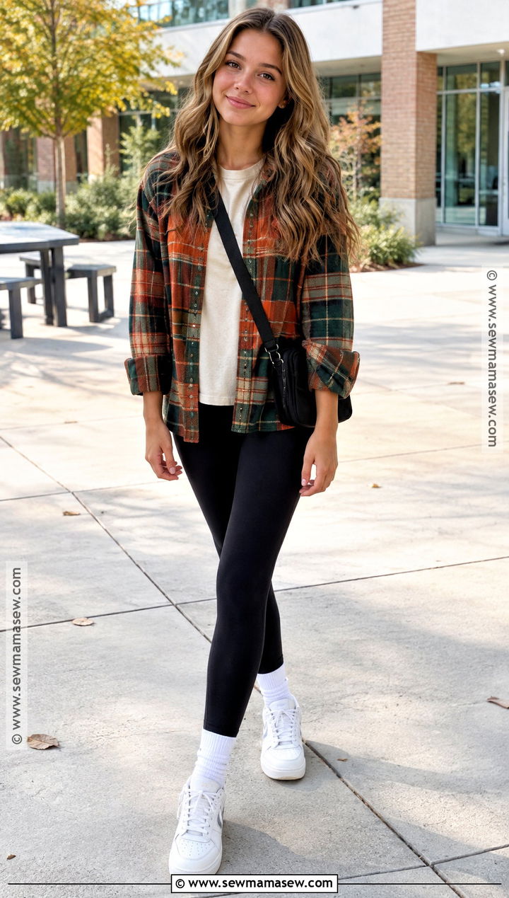 Plaid Shirt And Black Leggings Fall Outfit - 15 fall outfit inspo teen ideas for girls