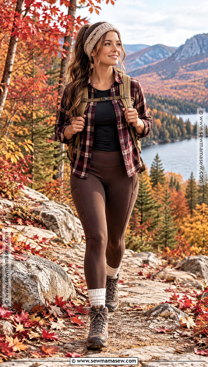 Plaid Shirt And Brown Hiking Leggings - 15 cute hiking outfit fall casual ideas