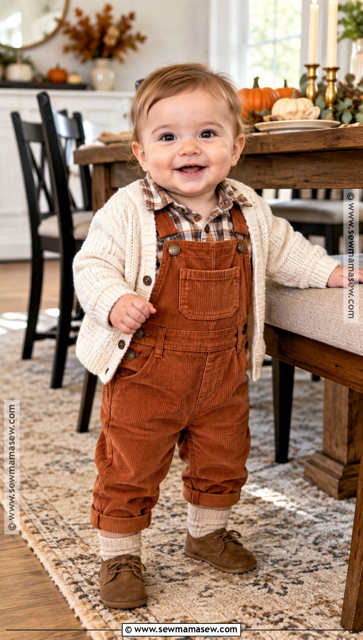 Plaid Shirt And Corduroy Overall Outfit - 15 Baby First Thanksgiving Outfit Ideas
