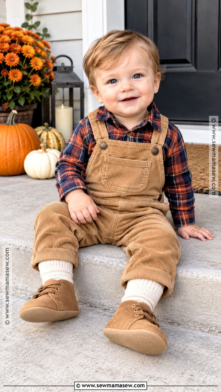 Plaid Shirt And Corduroy Overalls Outfit - 20 baby thanksgiving outfit ideas for boys