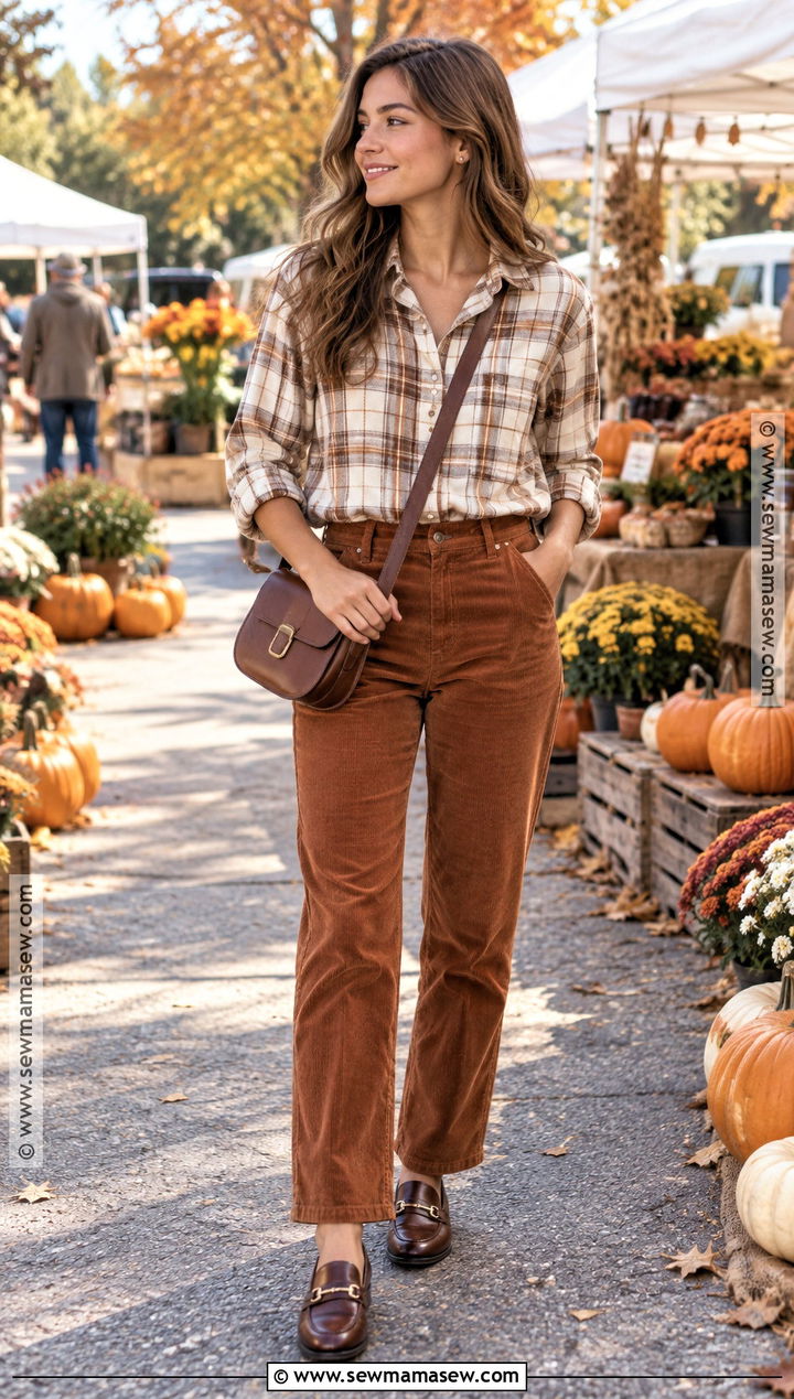 Plaid Shirt And Corduroy Pants Fall Outfit - 15 casual date fall outfits