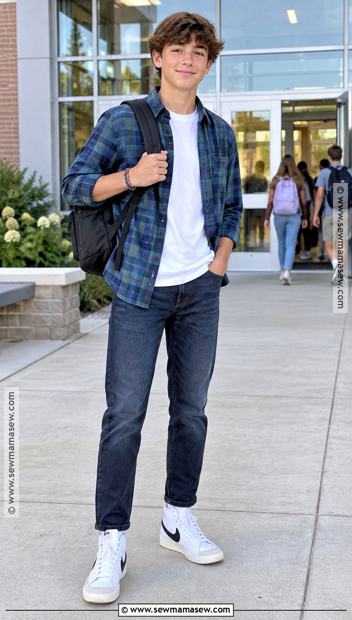 Plaid Shirt And Dark Wash Jeans 6th Grade Outfit - 15 Back To School Fits 6Th Grade