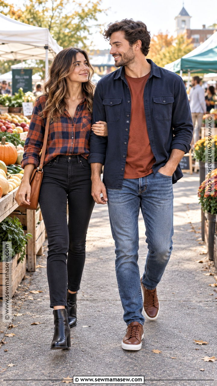 Plaid Shirt And Denim Couple Outfit - 20 Fall Outfit Ideas for Couples