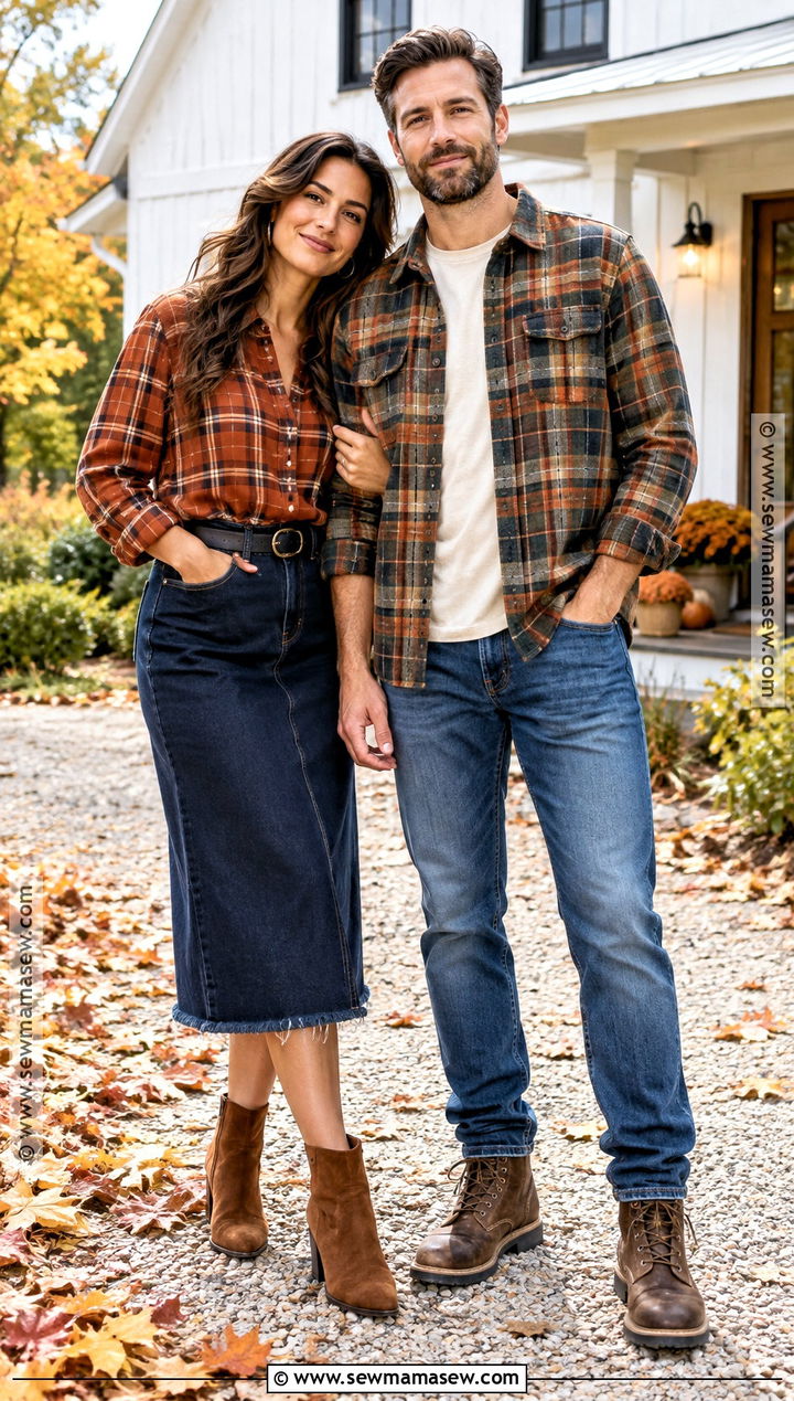 Plaid Shirt And Denim Couple Thanksgiving Outfit - 15 cute couple thanksgiving outfits
