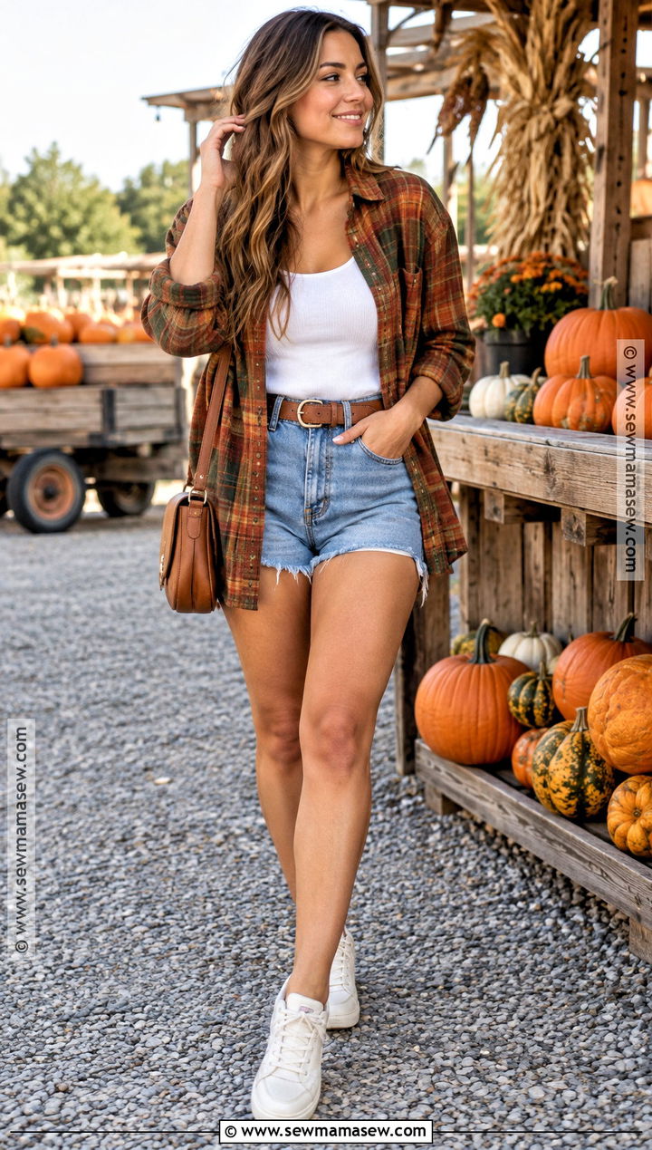 Plaid Shirt And Denim Shorts Pumpkin Patch Outfit - 20 Pumpkin Patch Warm Weather Outfit Ideas