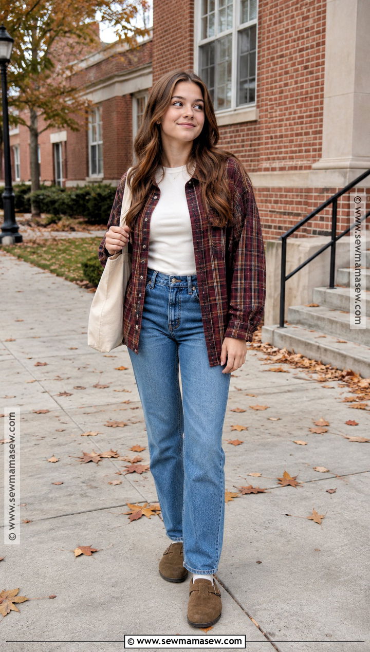 Plaid Shirt And Jeans Fall School Outfit - 25 Fall School Fits