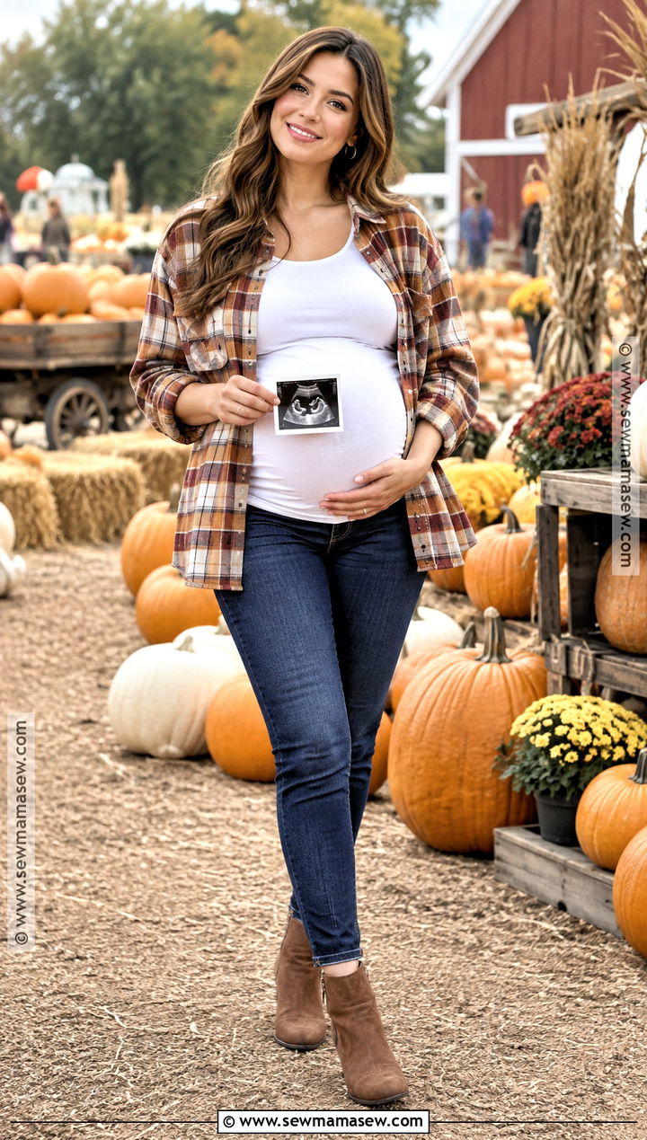 Plaid Shirt And Maternity Jeans Pregnancy Announcement Outfit - 20 Fall Pregnancy Announcement Outfit Ideas