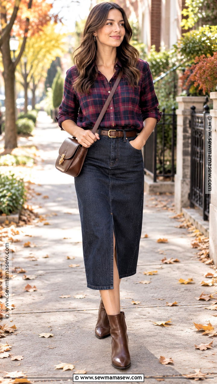 Plaid Shirt And Midi Jean Skirt Outfit - 20 midi jean skirt outfits fall
