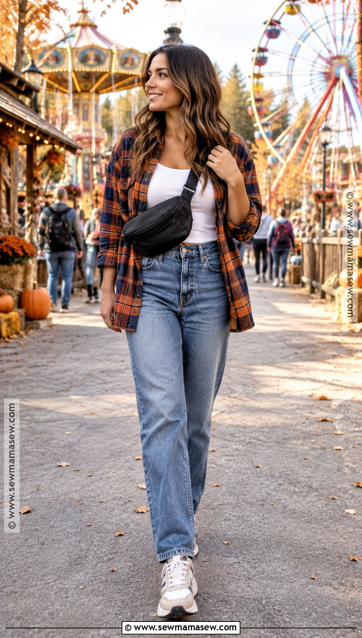 Plaid Shirt And Relaxed Jeans Fall Amusement Park Outfit - 20 fall amusement park outfit ideas