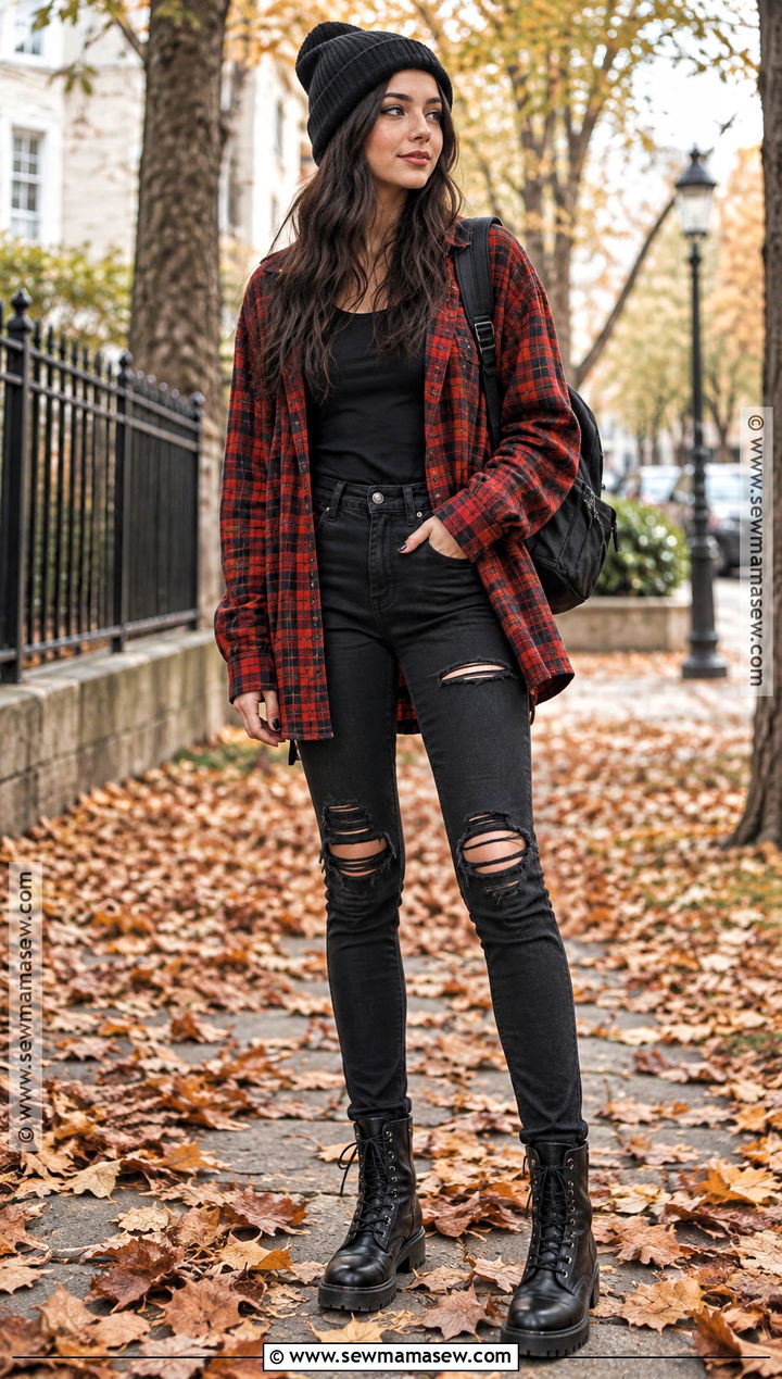 Plaid Shirt And Ripped Black Jeans Outfit - 15 Fall Outfit Rocker Chic Ideas