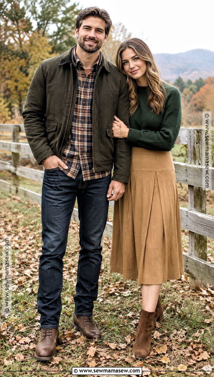 Plaid Shirt And Solid Knit Fall Couple Outfit - 25 fall photo shoot outfits for couples