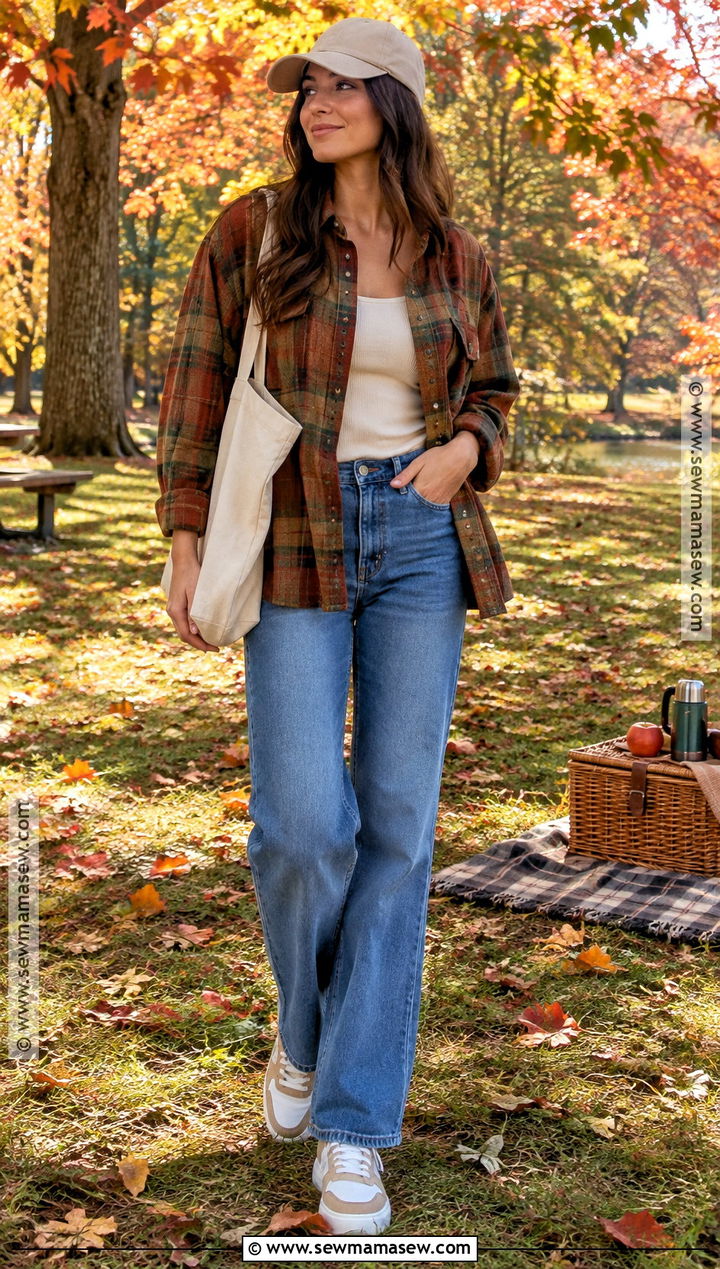 Plaid Shirt And Straight Leg Jeans Picnic Outfit - 25 fall picnic outfit ideas