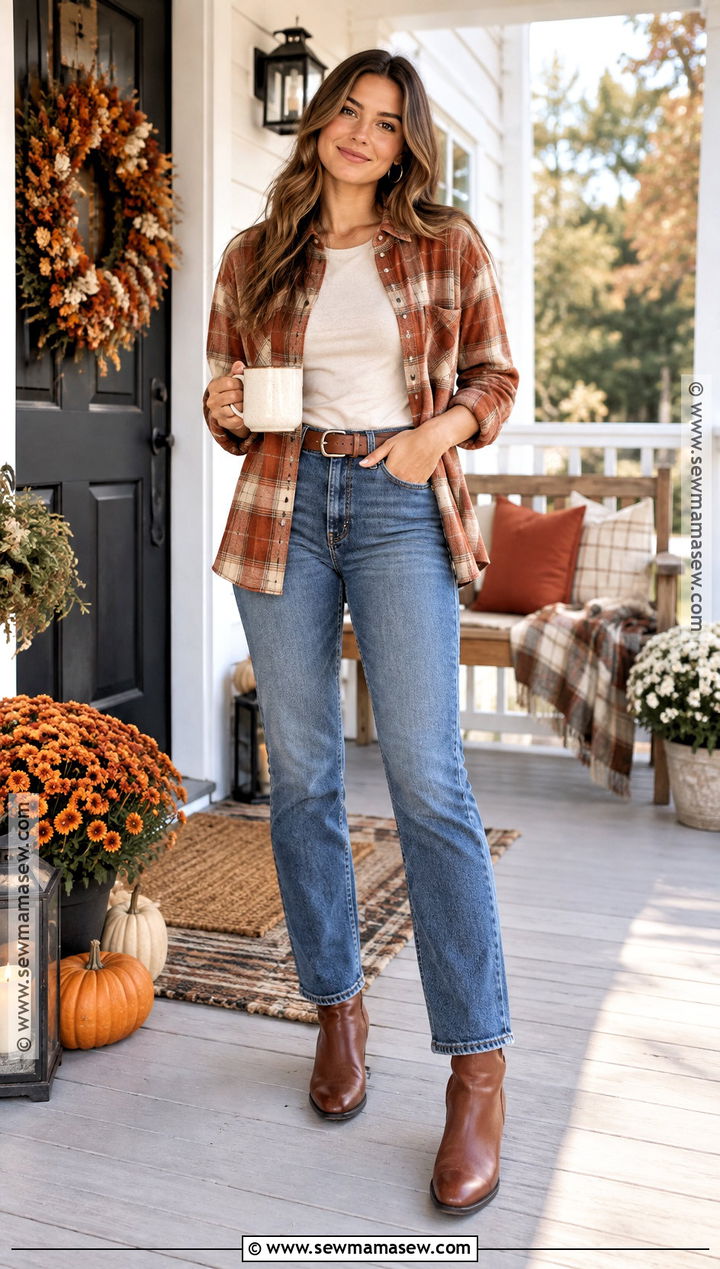 Plaid Shirt And Straight Leg Jeans Thanksgiving Outfit - 25 Comfy Thanksgiving Outfit Ideas