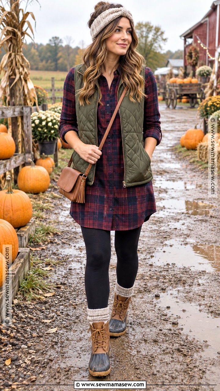 Plaid Shirt Dress Farm Outfit With Leggings And Duck Boots - 20 Fall Farm Outfits for Women