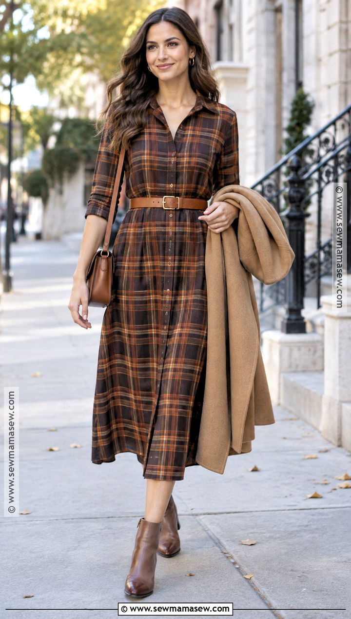 Plaid Shirt Dress With Belt and Ankle Boots - 15 autumn plaid clothing stack ideas