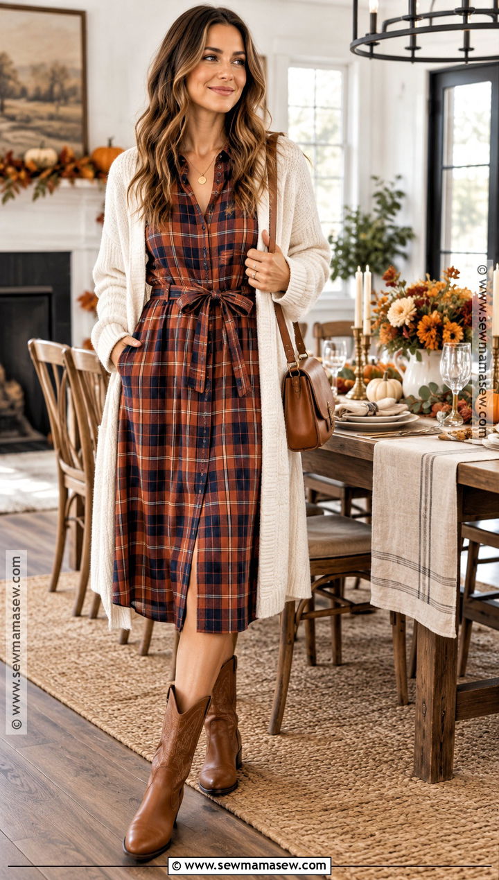 Plaid Shirt Dress With Cognac Cowboy Boots - 20 thanksgiving outfit cowboy boots
