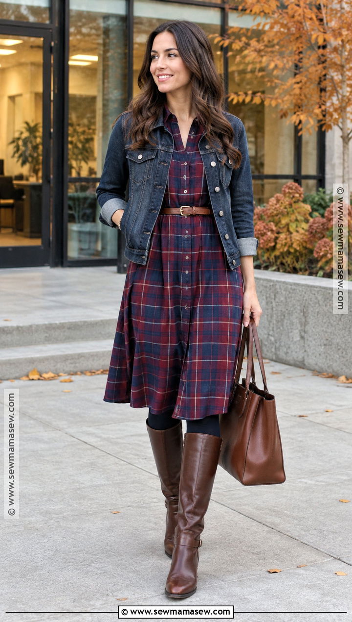 Plaid Shirt Dress With Jean Jacket - 15 fall dress with jean jacket ideas