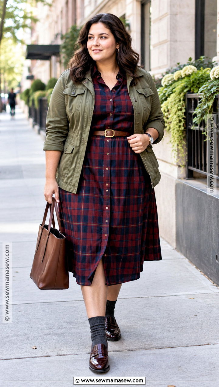 Plaid Shirt Dress With Loafers - 20 fall dresses outfits