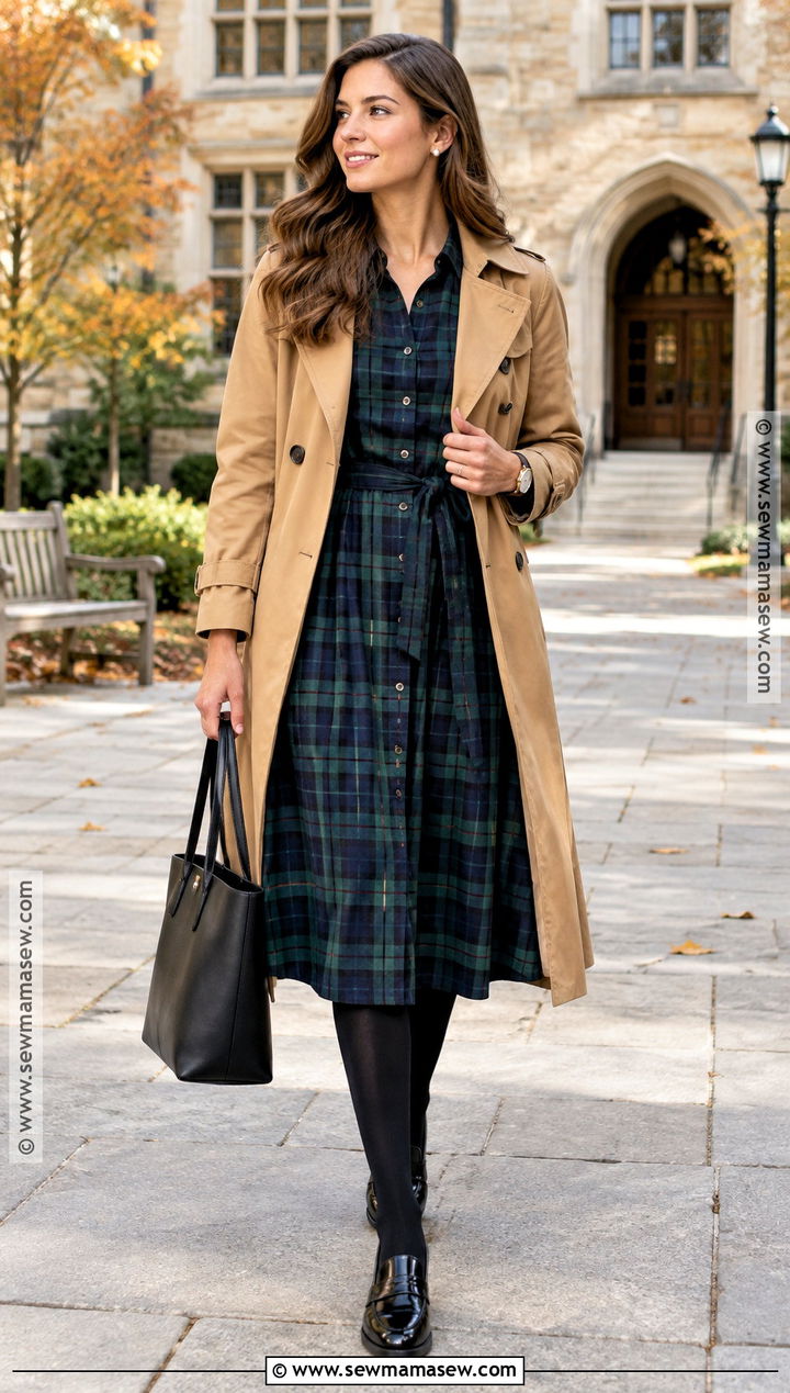 Plaid Shirt Dress With Tights And Loafers - 20 fall outfits women dresses