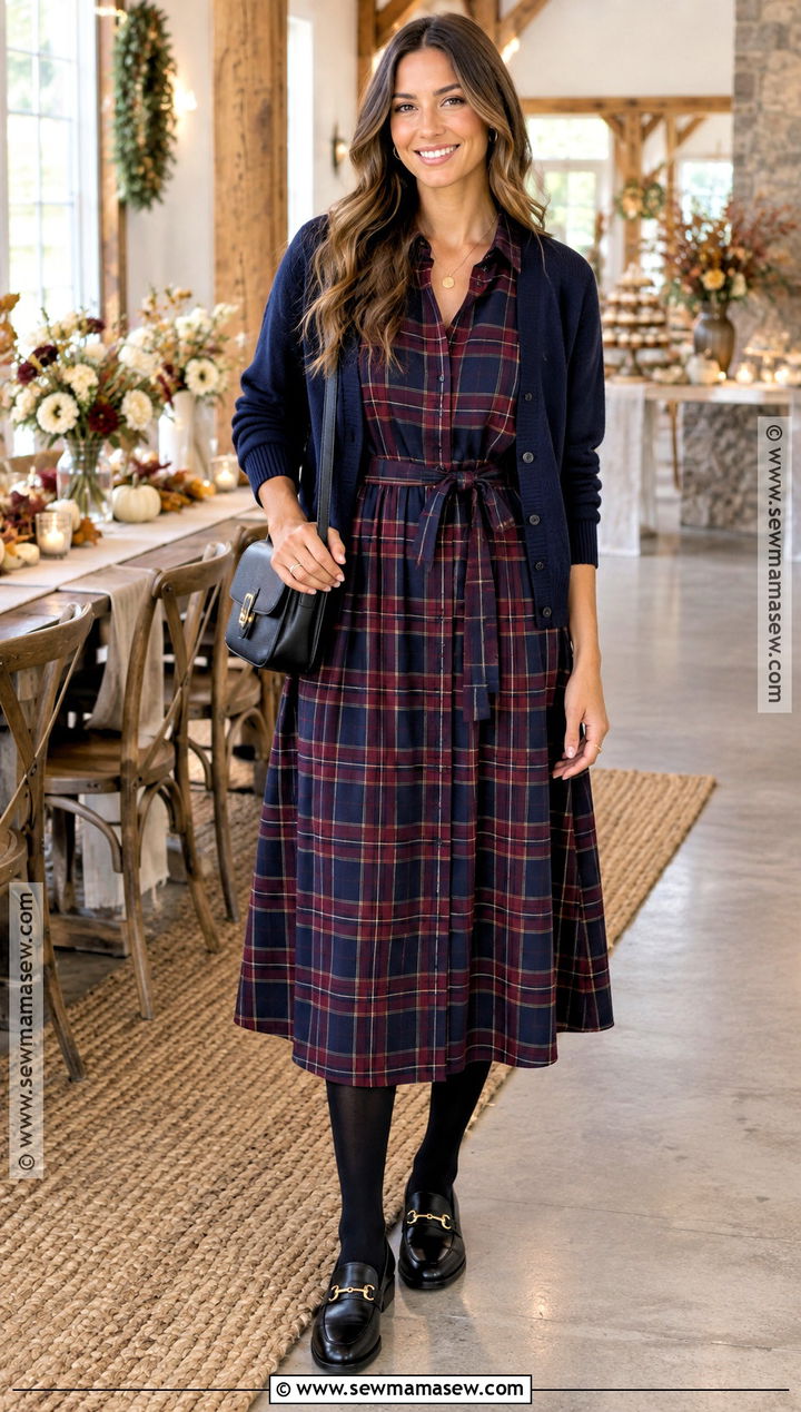 Plaid Shirt Dress With Tights and Loafers - 25 baby shower outfit for guest fall casual ideas