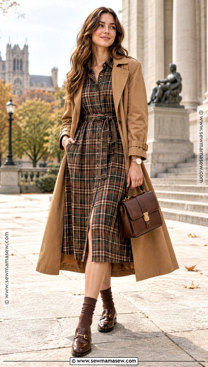Plaid Shirt Fall Dress Outfit With Loafers and Trench Coat - 20 cute fall dress outfits
