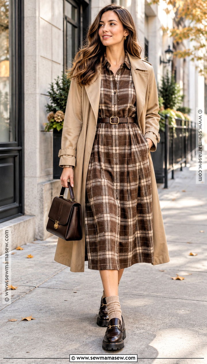 Plaid Shirt Fall Dress With Loafers - 15 fall dresses with sleeves