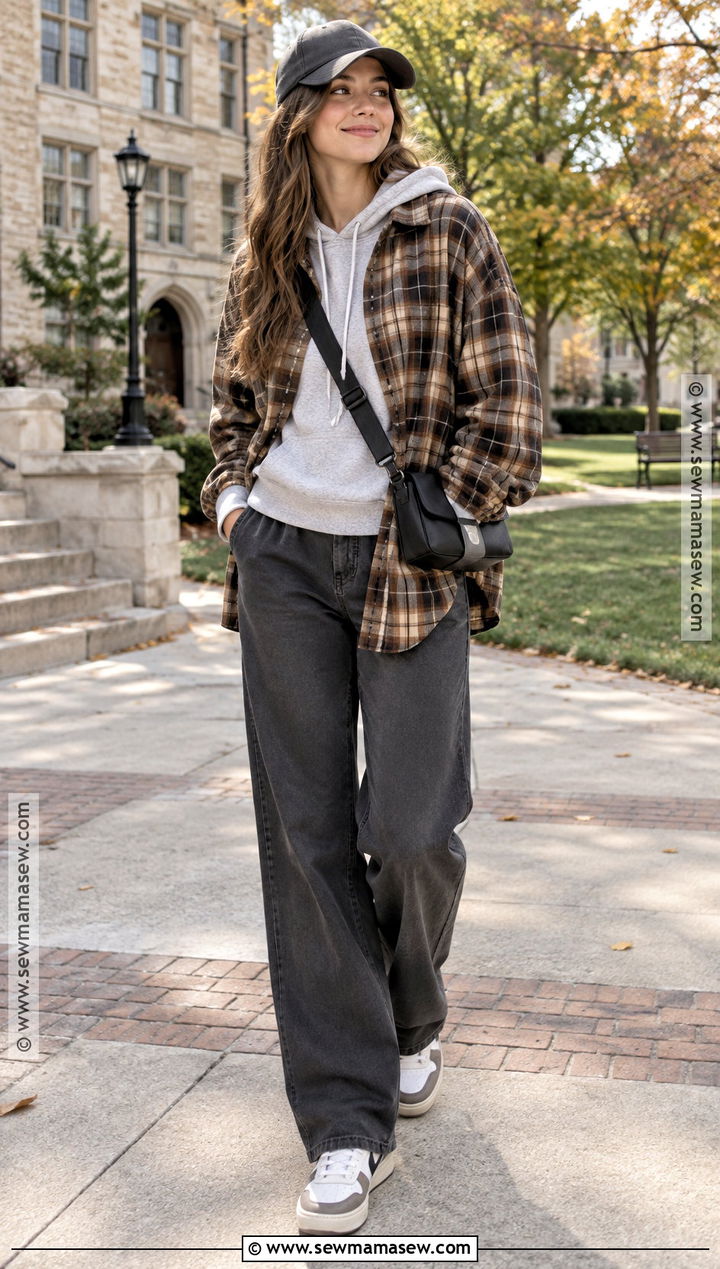 Plaid Shirt Fall Outfit With A Hoodie And Trousers - 25 effortless fall outfits