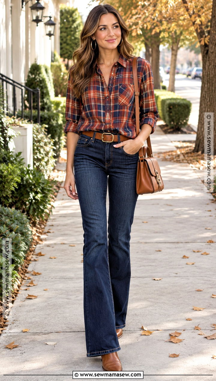 Plaid Shirt Fall Outfit With Bootcut Jeans - 20 southern fall outfits
