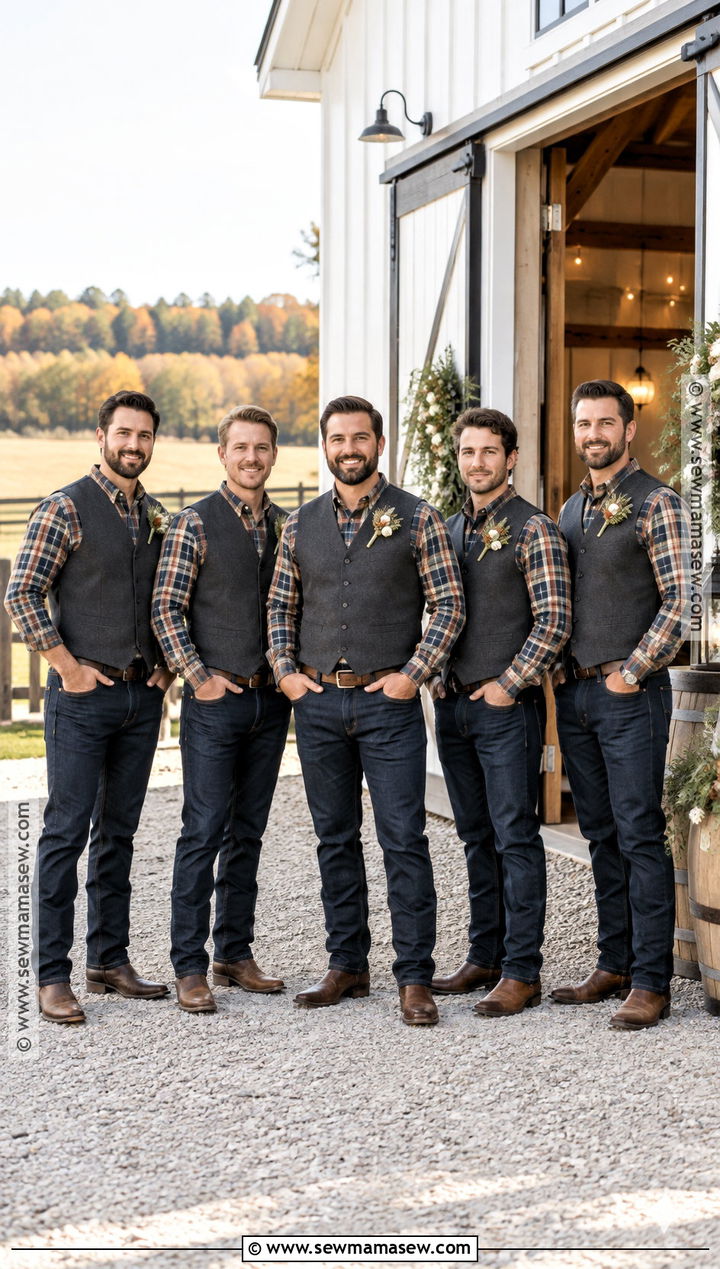 Plaid Shirt Groomsmen Outfit With Dark Jeans - 15 fall wedding groomsmen attire jeans