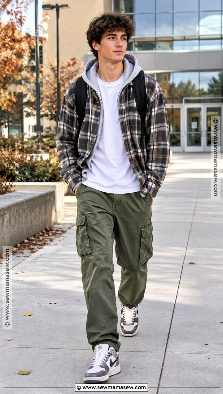 Plaid Shirt Hoodie And Cargo Pants School Outfit - 25 autumn outfits school
