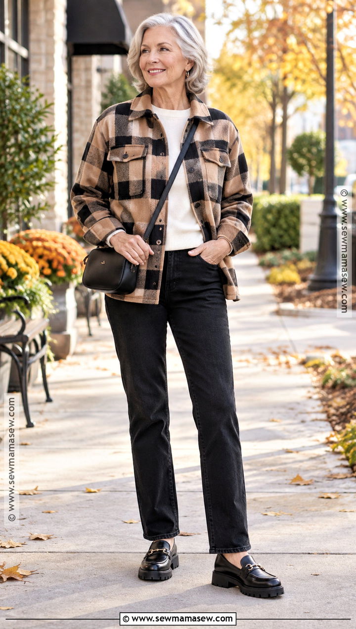 Plaid Shirt Jacket And Black Jeans Fall Outfit - 20 Fall Fashion Over 60 Ideas for Women
