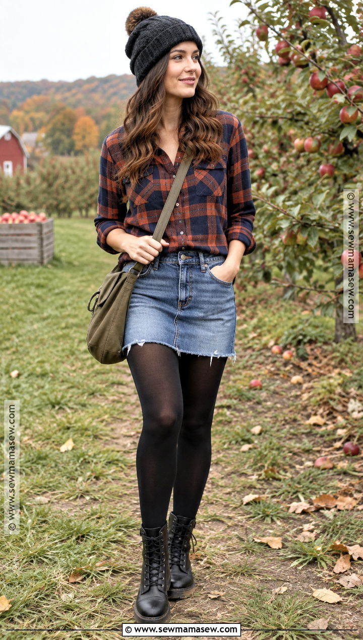 Plaid Shirt Jean Mini Skirt And Combat Boots - 25 jean skirt fall outfits