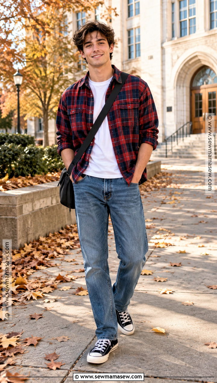 Plaid Shirt White T Shirt And Jeans School Outfit - 15 casual school fall outfits
