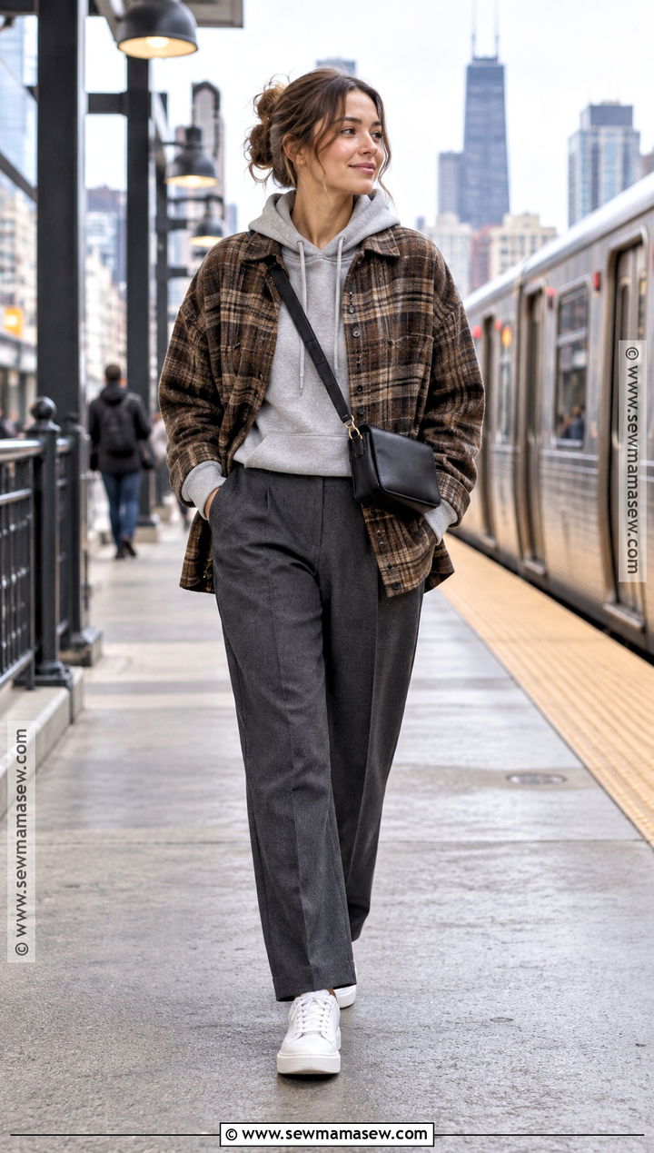 Plaid Shirt With A Hoodie And Trousers - 25 fall fashion inspo ideas