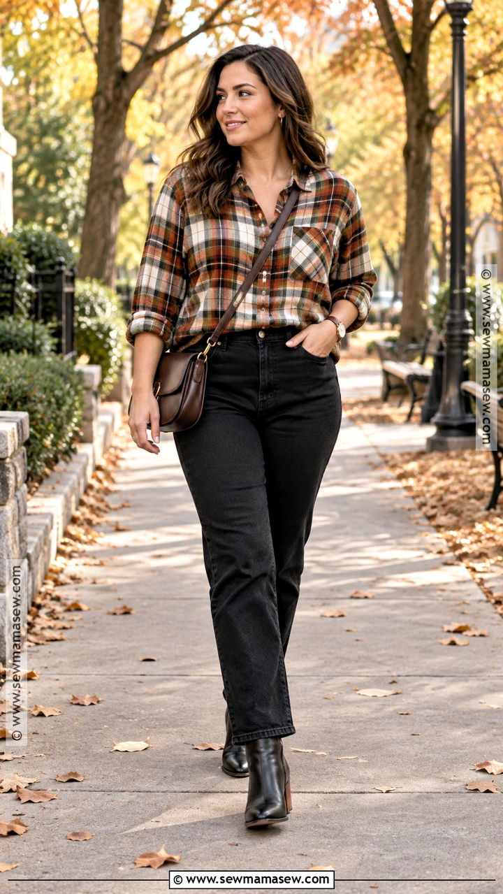 Plaid Shirt With Black Straight Leg Jeans - 20 shirt autumn outfit ideas