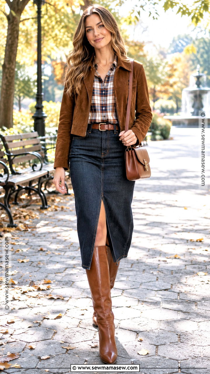 Plaid Shirt With Denim Midi Skirt - 20 Fall Shirt Outfits