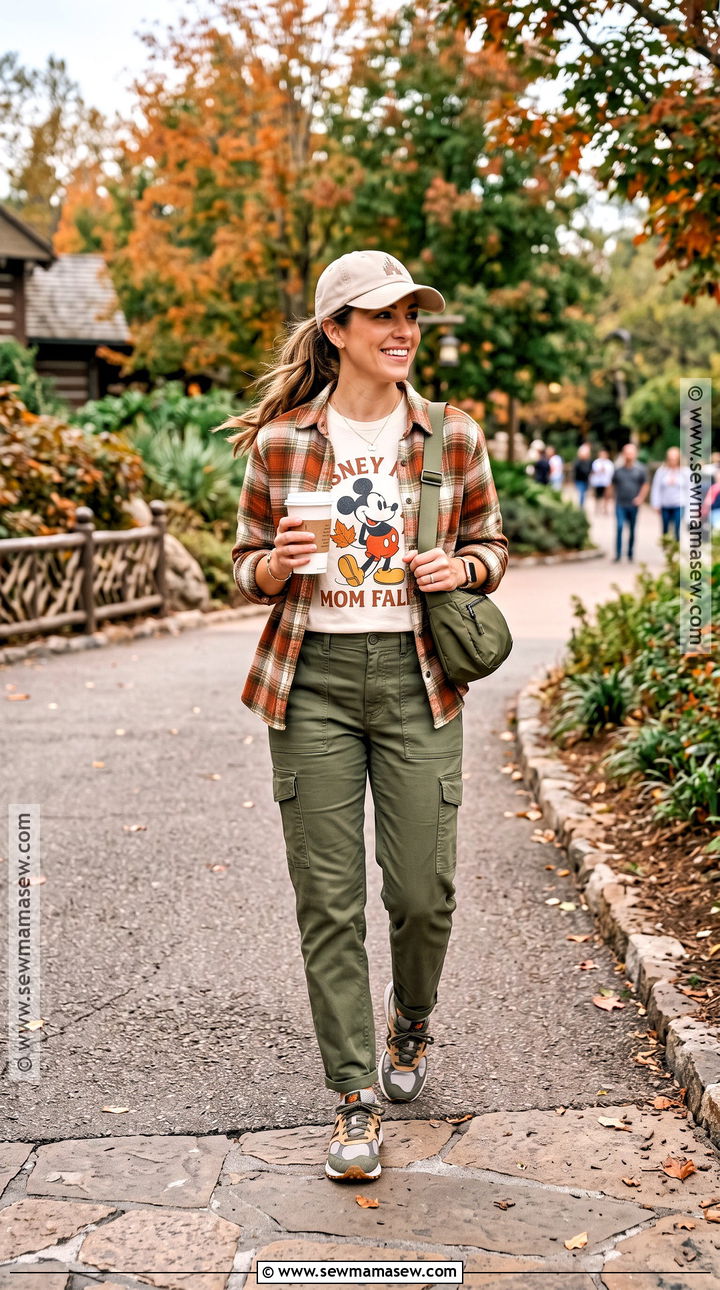 Plaid Shirt With Disney T Shirt And Cargo Pants - 15 disney mom outfit fall ideas