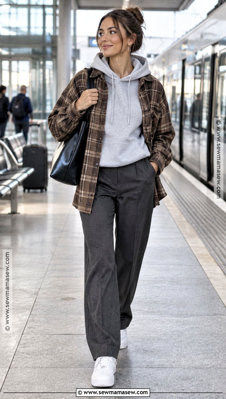 Plaid Shirt With Hoodie And Tailored Trousers - 25 fall chic outfits