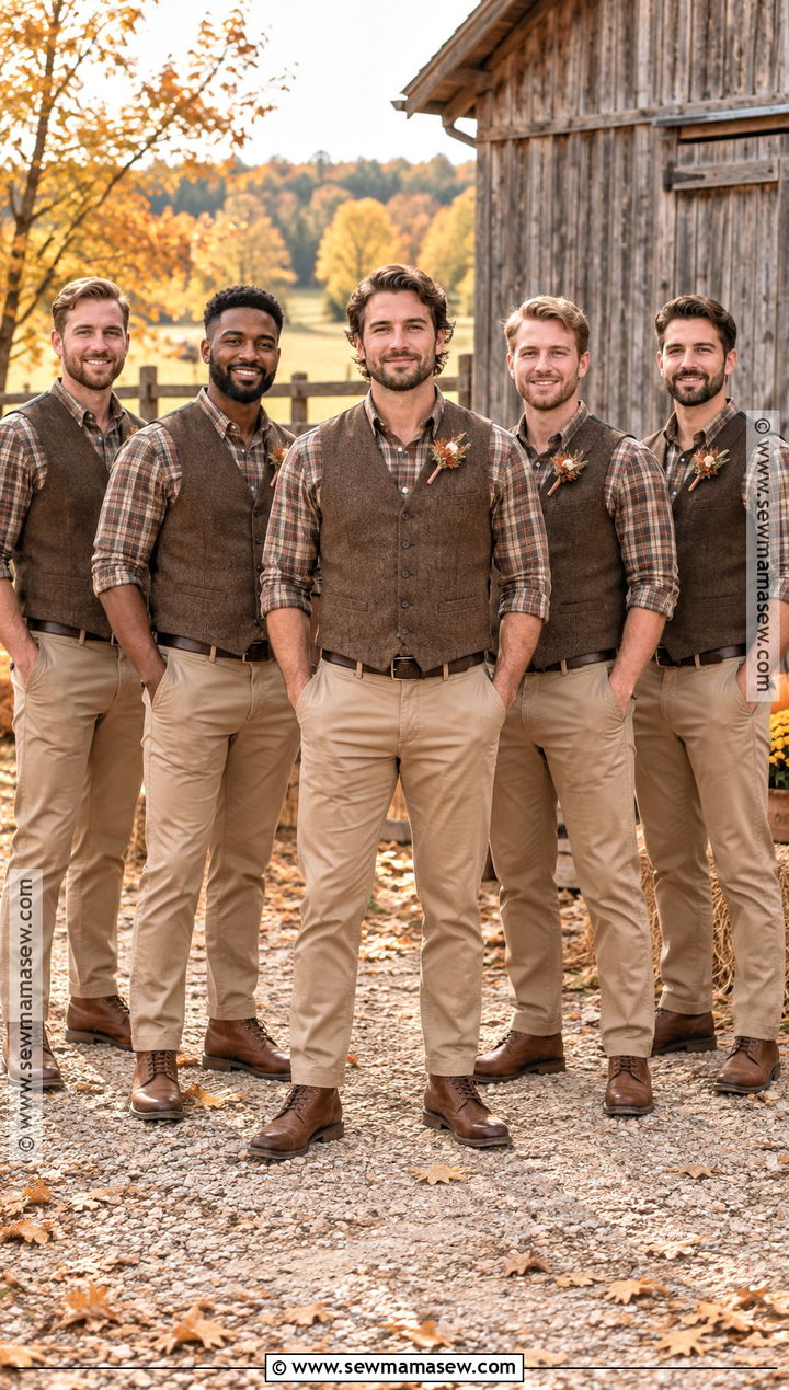 Plaid Shirt With Khaki Trousers And Boots - 20 fall groomsmen attire rustic ideas