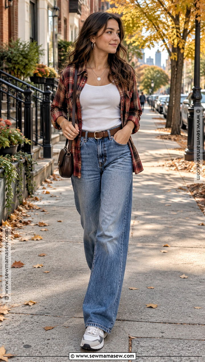Plaid Shirt and Baggy Jeans Downtown Autumn Outfit - 20 Downtown Autumn Outfits