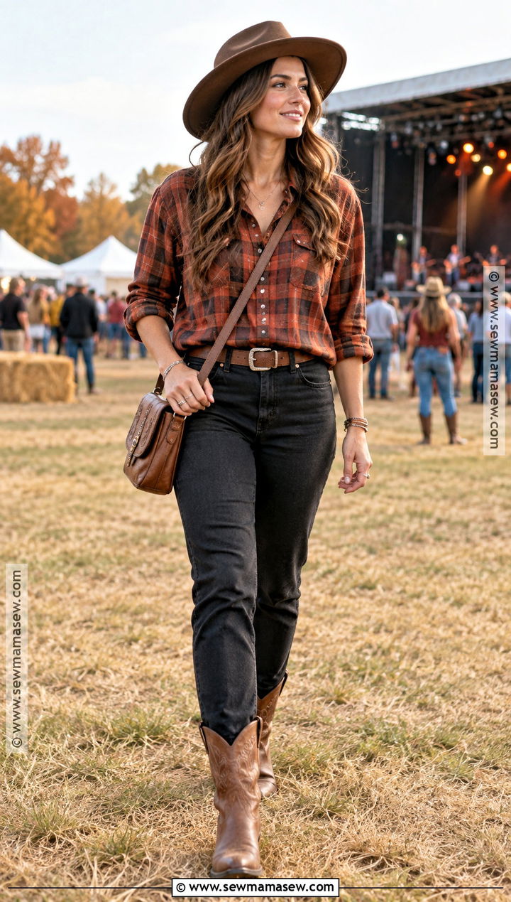Plaid Shirt and Black Jeans Country Festival Outfit - 20 country festival outfit fall ideas