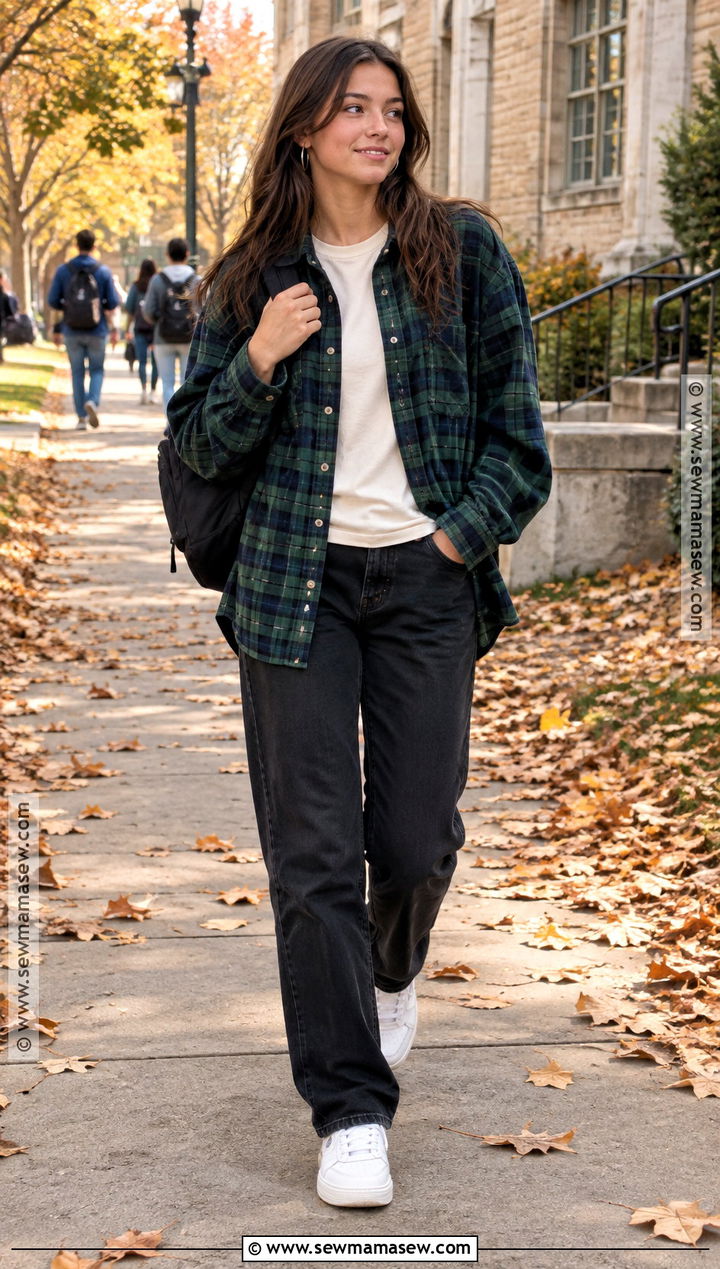 Plaid Shirt and Black Jeans Fall School Outfit - 15 cute outfits for school for highschool fall
